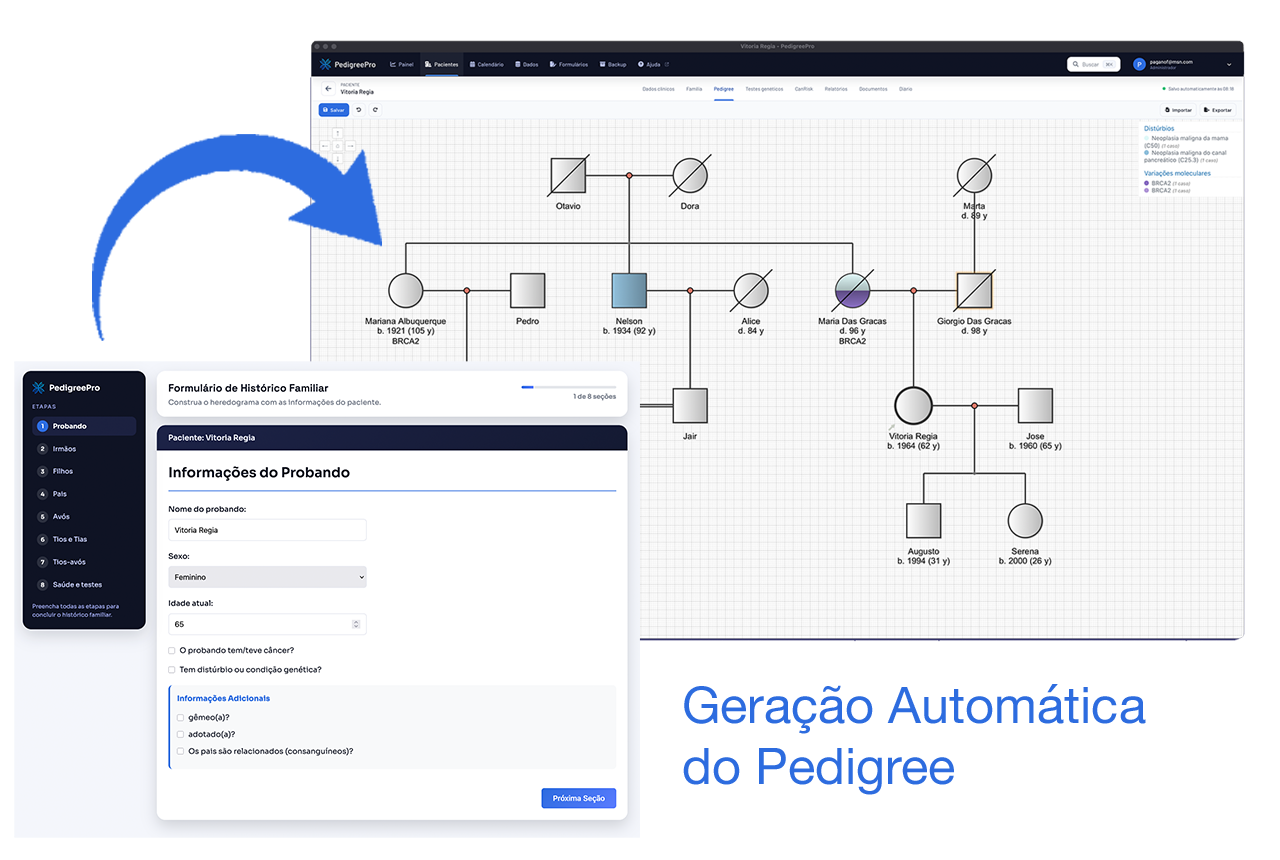 Tela real do Oikogenea: formulário de história familiar e heredograma. Dados fictícios.